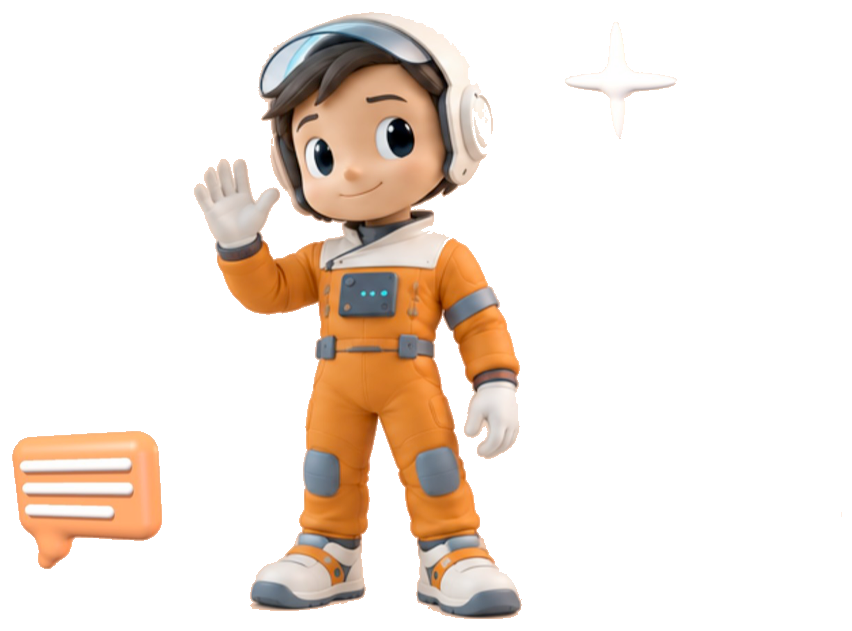Helpyr astronaut waving, with a speech bubble and a sparkle
